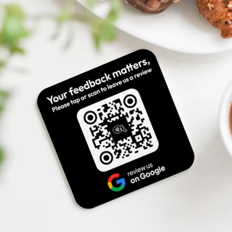 Custom Mini NFC Google Tap To Review Social Media QR Code Plate Sign NFC Scan code Acrylic Social Media Signs Store Decoration