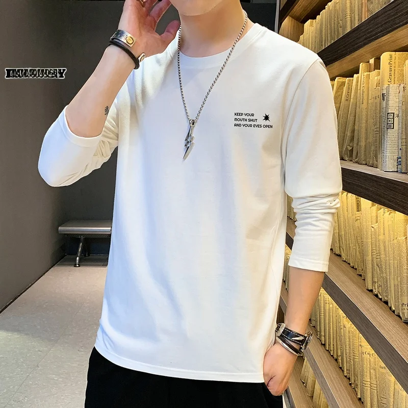 

Мужская хлопковая футболка с длинным рукавом, белая, для ношения под одеждой, базовая, модная, осенняя новинка, удобная, свободного кроя, с круглым вырезом