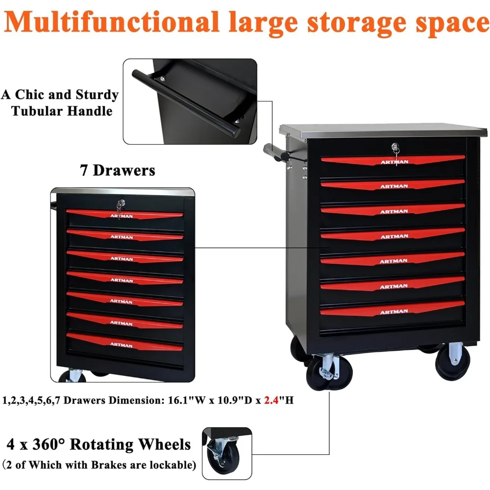 Multifunctional Rolling Tool Storage Chest with 7 Drawers for Garage, Heavy Duty Trolley Organizer Toolbox on Wheels