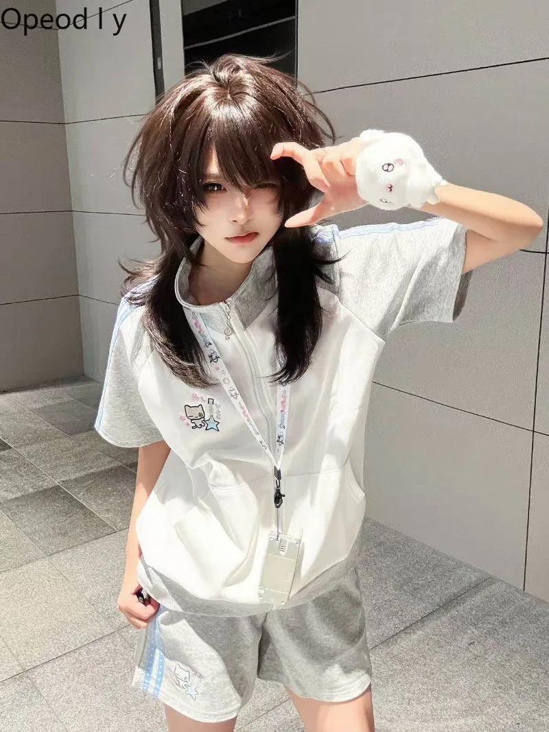 

Japanese Original Sweet Cute Lolita Gray and White Sports Style Suit Casual Loose Comfortable Short-sleeved Shorts Suit Women