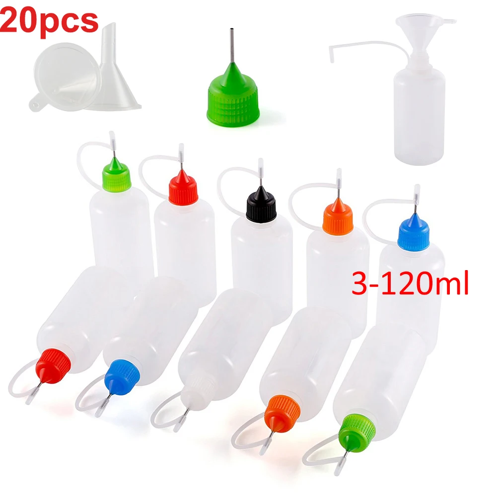 20PCS X 5ML-120ML bottiglie contagocce comprimibili vuote in plastica colla E contenitori per succhi liquidi con punte per aghi in acciaio + Mini