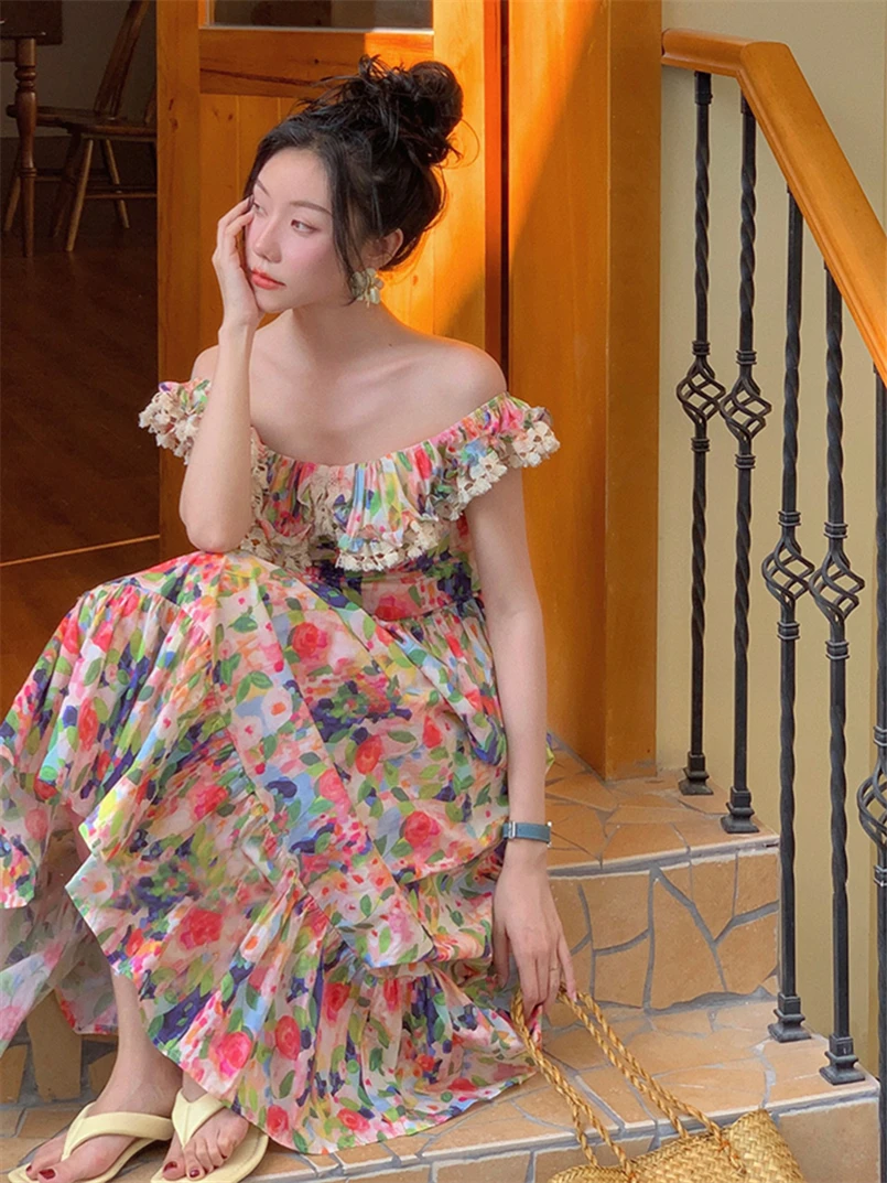 Stijlvolle bloemenprint katoenen maxi-jurken zomer fairycore kant patchwork elegante partij lange jurk dames grote kraag vestidos