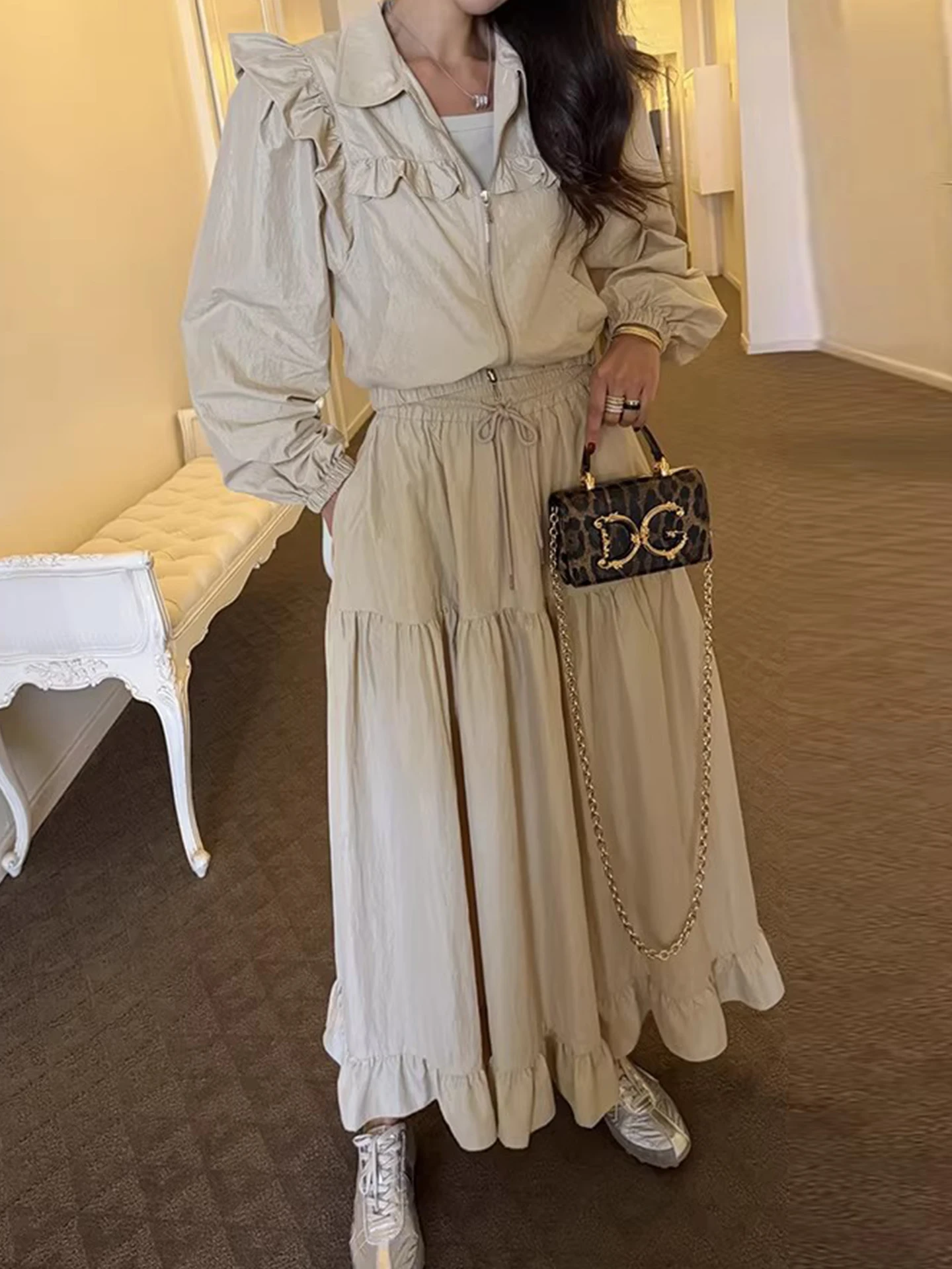 

Faionable High Waist Midi Skirt And Zipper Collar Top Women's Spring New Sle Two-Piece Set Ele Commuter Look