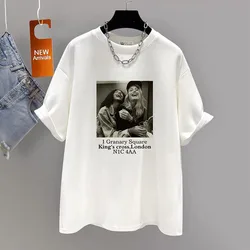 Women's Clothing Vintage Fashion Europe and America Loose T-shirt Summer Casual Pure Cotton Short Sleeve Pullover Chic Print Top