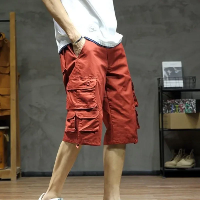 Широкие мешковатые шорты выше колена с карманами, мужские шорты-карго, свободные короткие брюки для мужчин, однотонные джерсы, японский уличный стиль, винтажные популярные