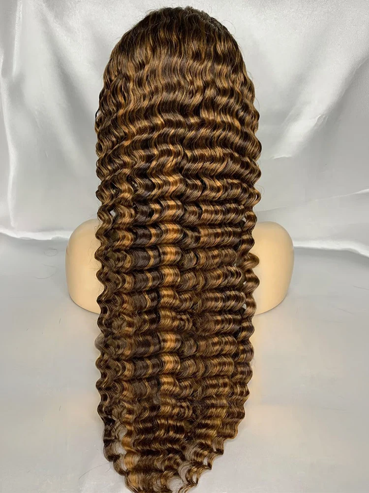 40 44 Inch 4/27 Honey Blond Colored Bermees Curly Lace Front Hair Wigs HD Transparent Water Wave Highlight Wig Human Hair 13x4 13x6 Deep Wave Lace Frontal Wig For Women Pre Plucked Natural Hairline 250% Density Raw Human Hair Wigs