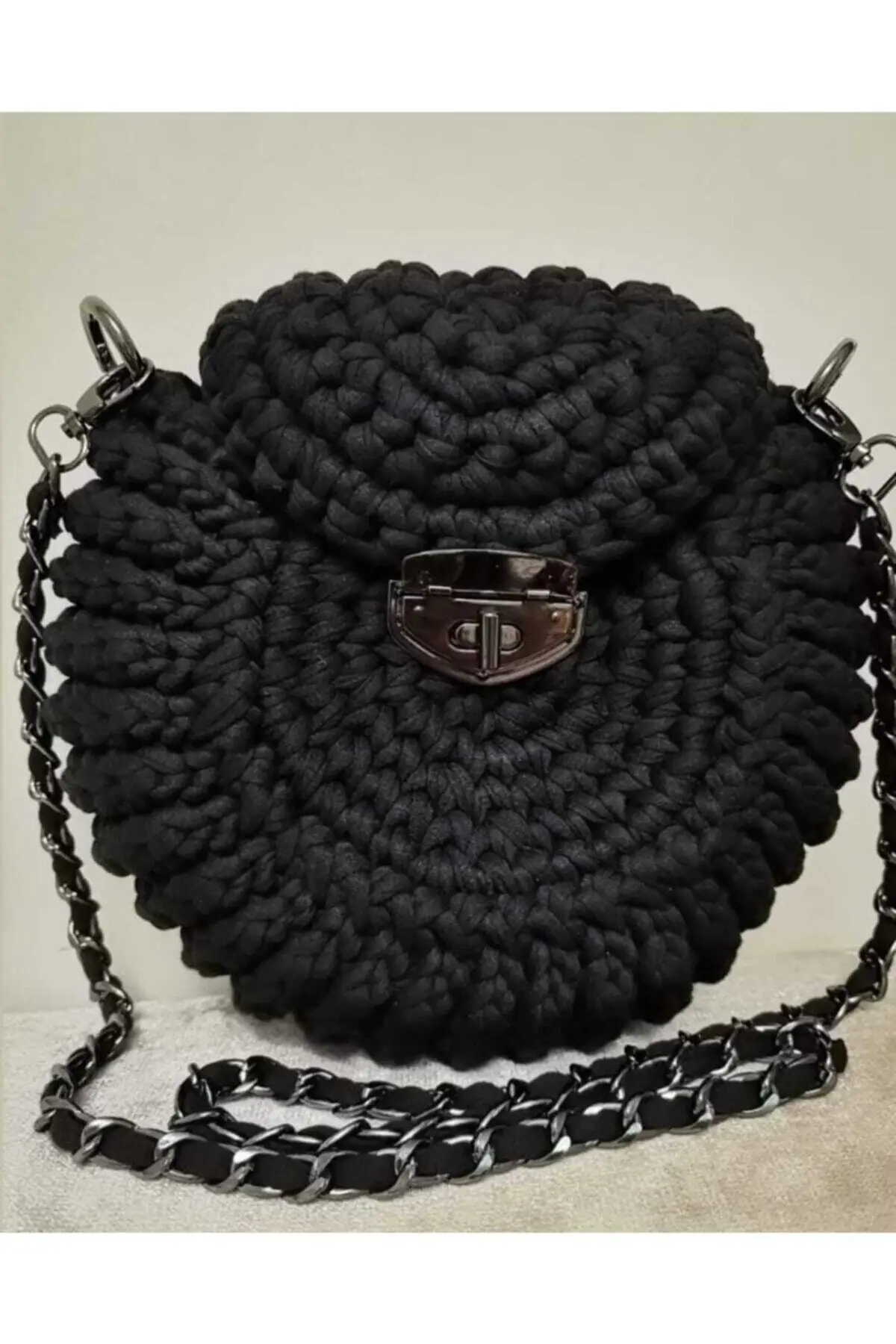 Uras Black Combed İp Mesh Handmade Sea Shell Chain Bag Women bag Shoulder Bag Handmade