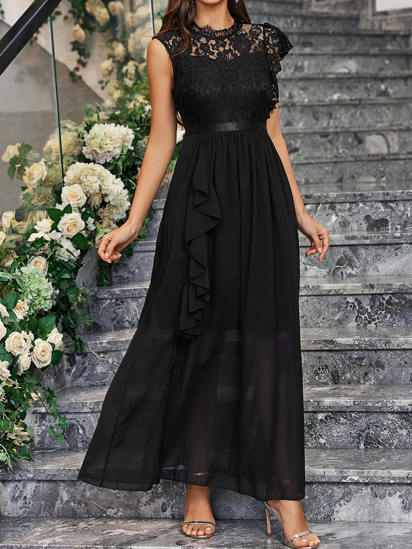 

Elegant Women Sleeveless Long Evening Dress Wedding Guest Formal Occasion Dresses With Belts Slit Ruffles Party Dress Sexy Robe