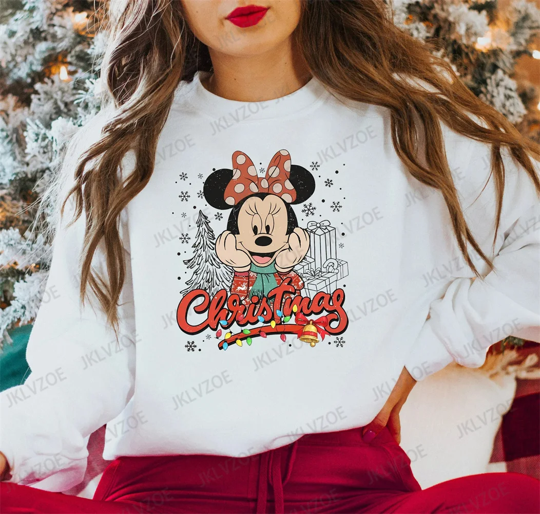 Winter Women Fashion Christmas Hoodies Disney Minnie Print Round Collar Cotton Sweatshirt Sport Streetwear Pullover Hoodies