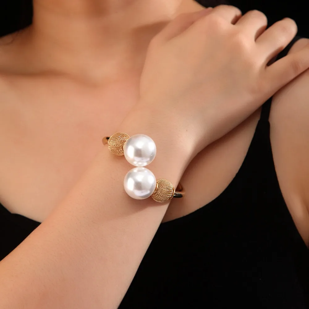 Punk Metal Wide Cuff Bangles Gold Decoration Pearl Geometric Bracelet Accessories Jewelry Curtain Buckle Girls