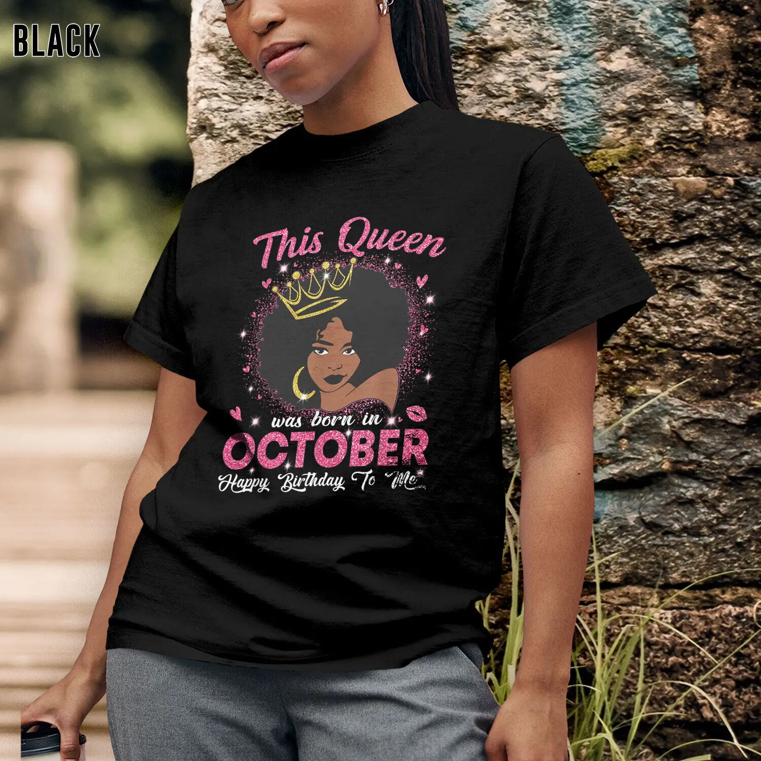 

October Queen T-Shirt Born in October Birthday Shirt for Afro Girls Women