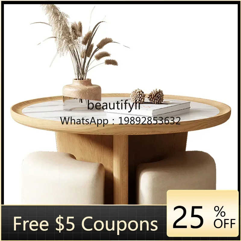 

FF Nordic Coffee Table Living Room Home Modern round Stone Plate Small Table Coffee Table Stool Combination