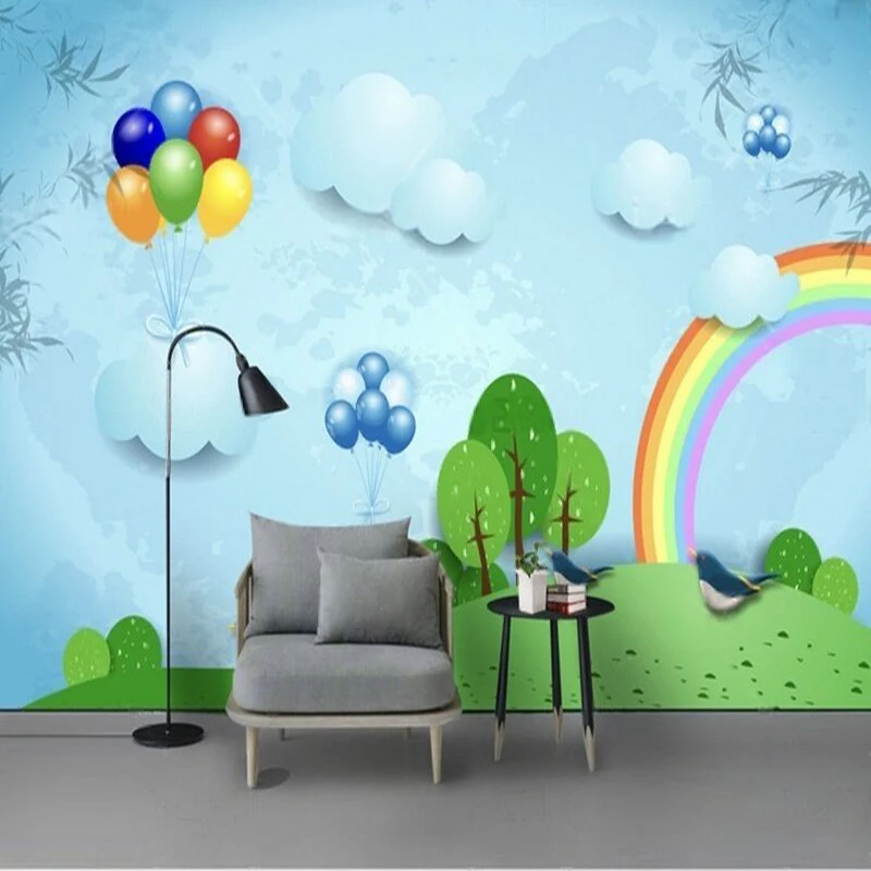 

Blue children's room cartoon grassland rainbow balloons cloud trees TV luxurious home decoration home decoration background wall