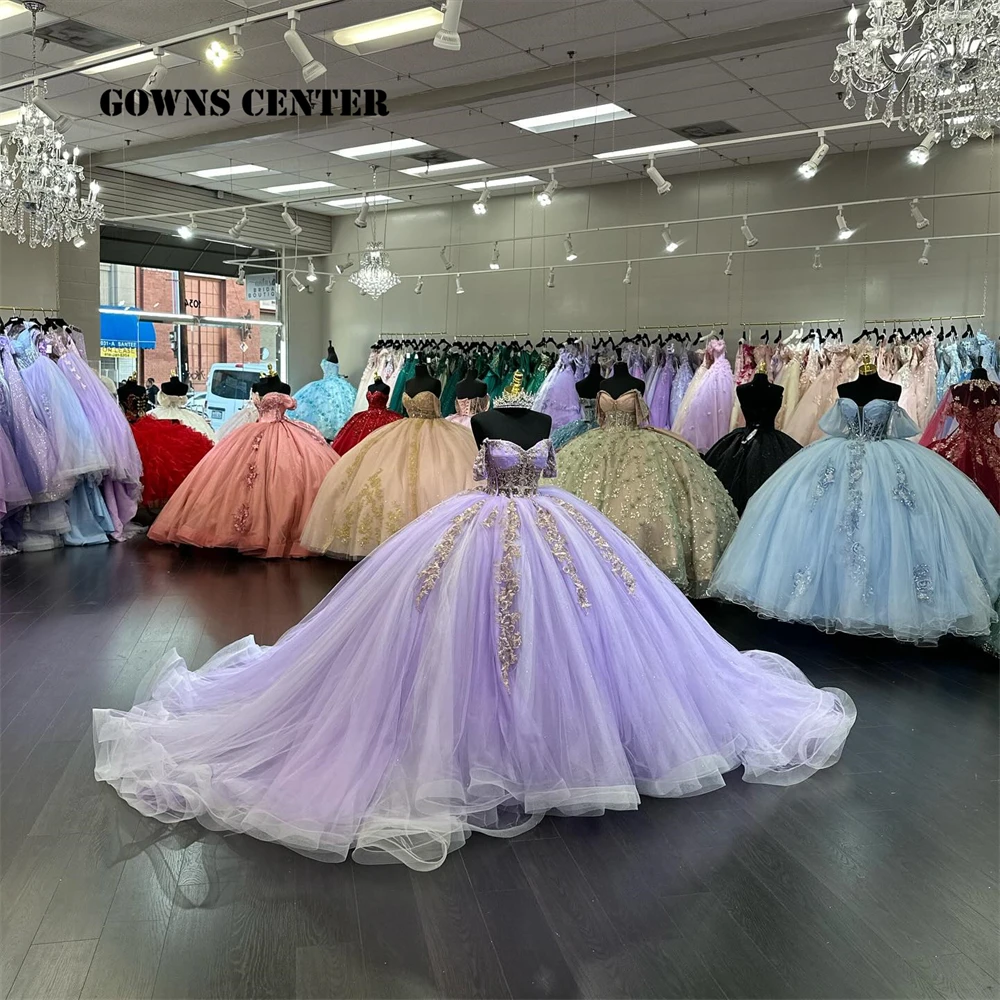 

Halcyon Lavender Quinceanera Dresses Ball Gown Lace Applique Sweet 15 Dress Off The Shoulder Wedding Gowns vestidos de bal