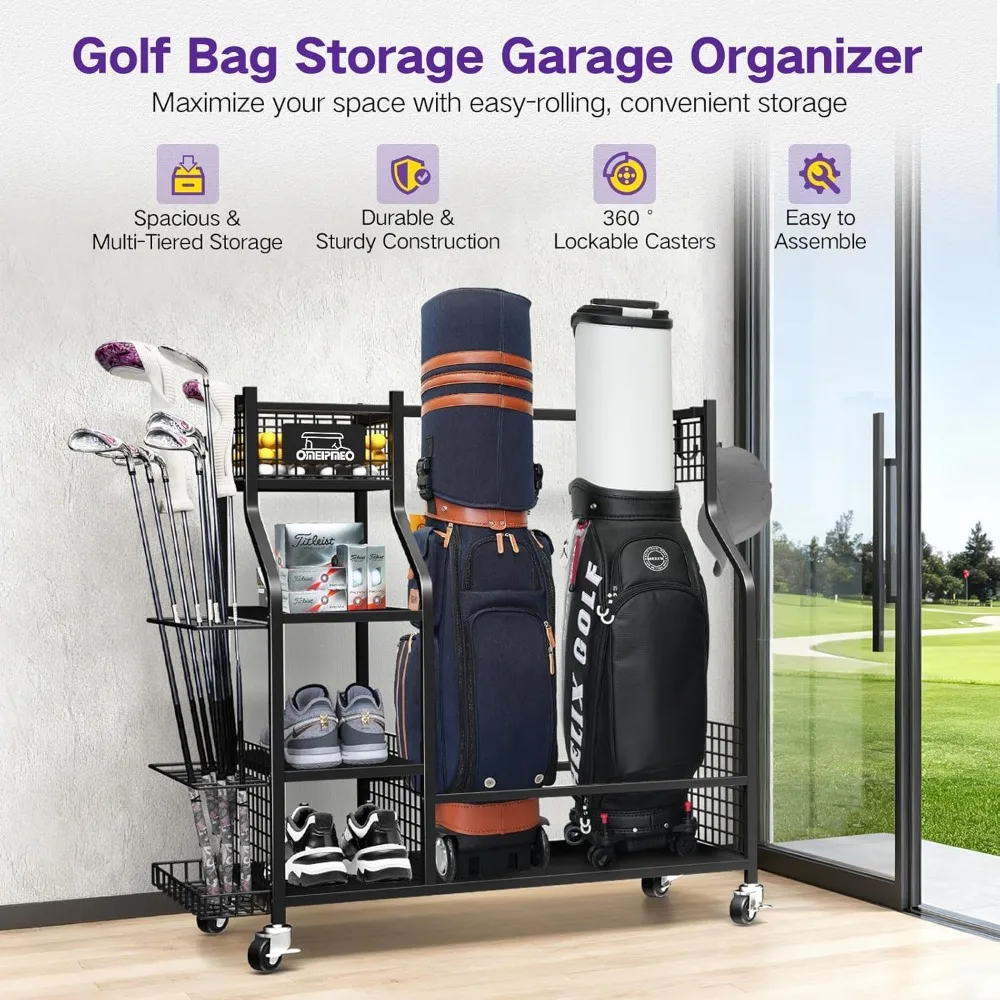 

US Shipping Golf Bag Storage Rack on Wheels Garage Organizer Stand for Golf Clubs Equipment Home Basement Shed