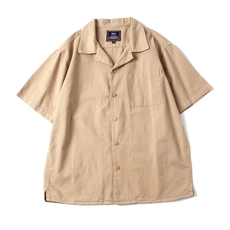 Washed Pure Cotton Cuban Collar Short Sleeve Loose Fit Men's Shirt Summer Youth Fashion Casual Style Classic  Color Top