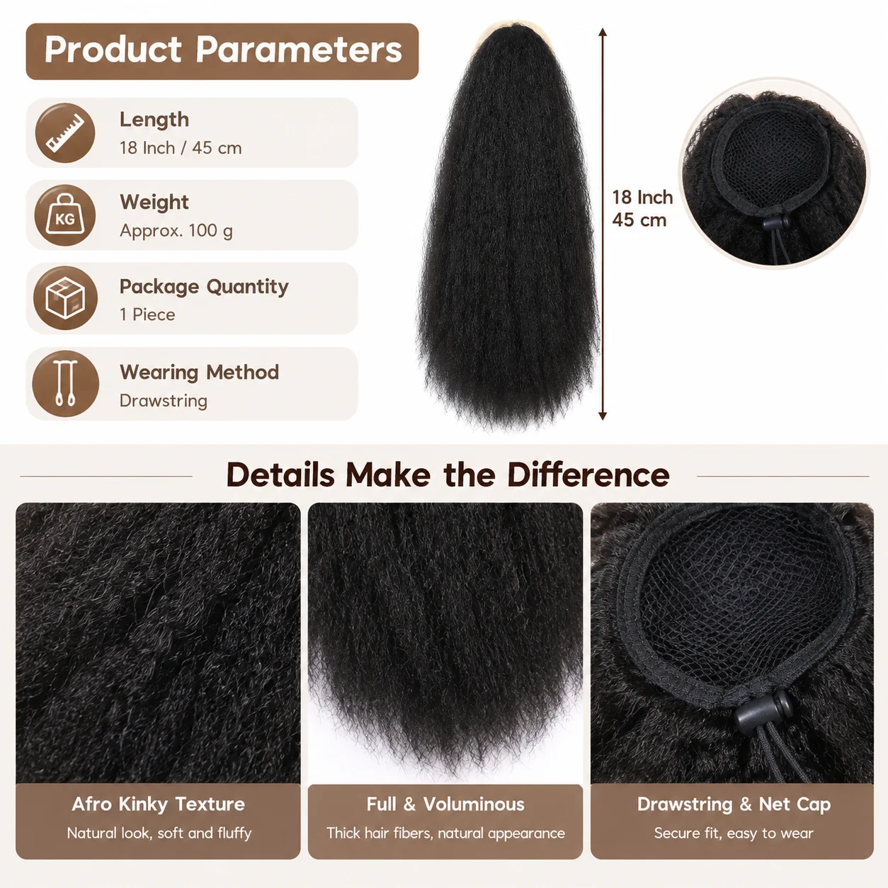 18 Inch Afro Kinky Ponytail Drawstring Hair Extension Fluffy Textured Synthetic Ponytail for Black Women Natural Volume Style