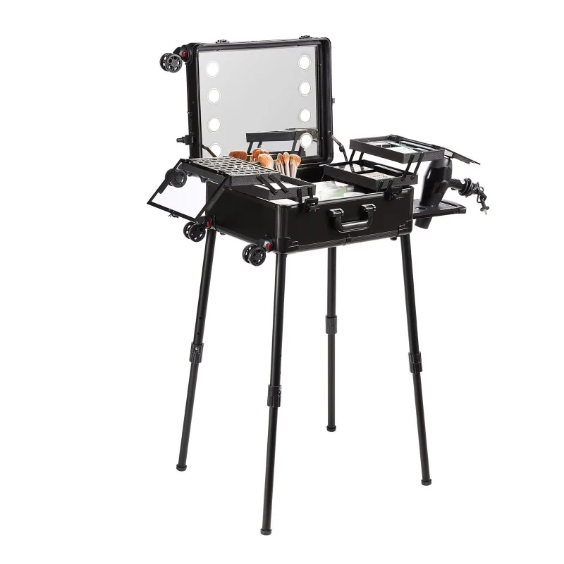 Professional artist trolley studio freestanding case makeup train case lock luminous mirror 4 storage trays brush holder