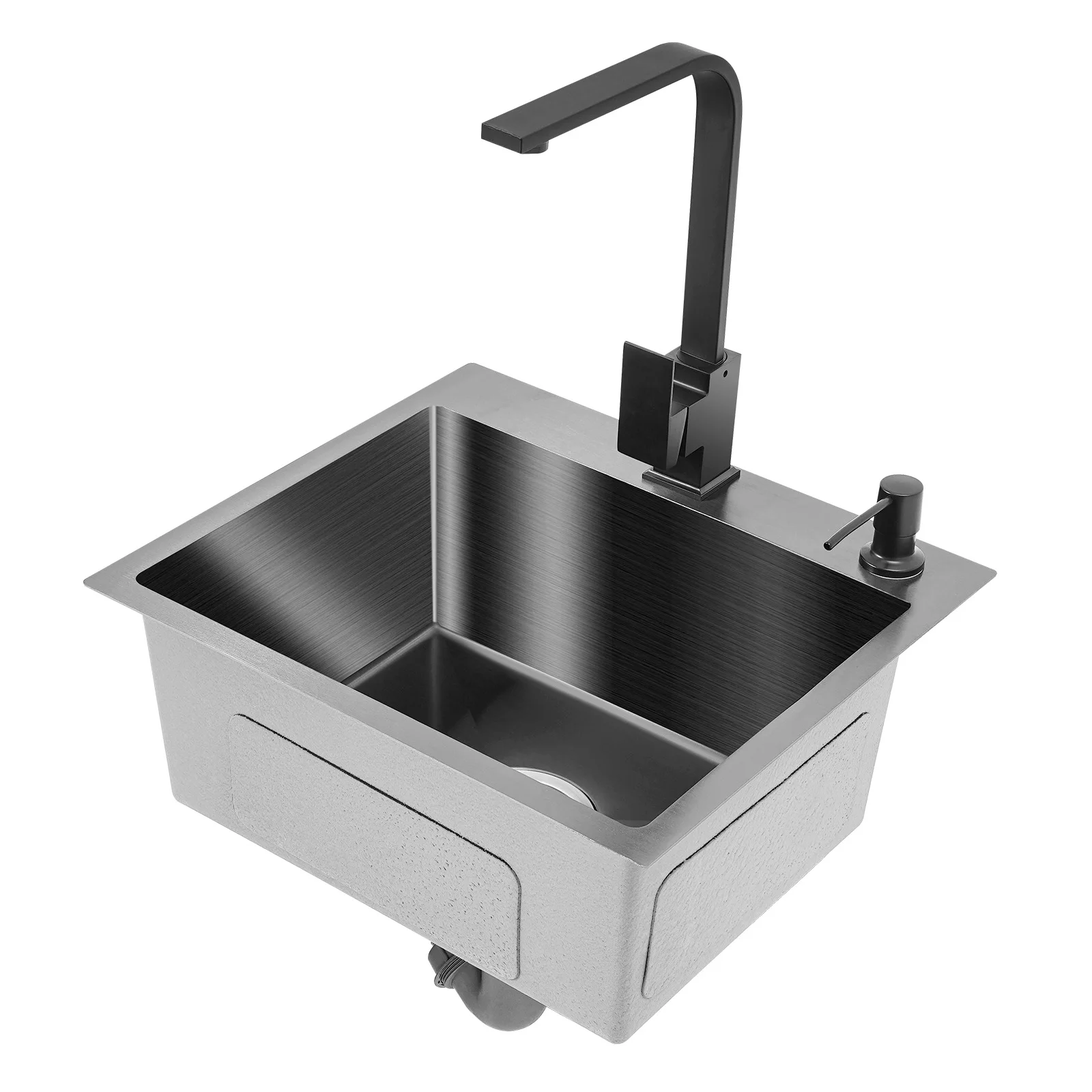 Kitchen Sink Built-in Rotating Faucet Stainless Steel Sink Quiet Working With Waste Set Kitchen Faucet Countertop Black