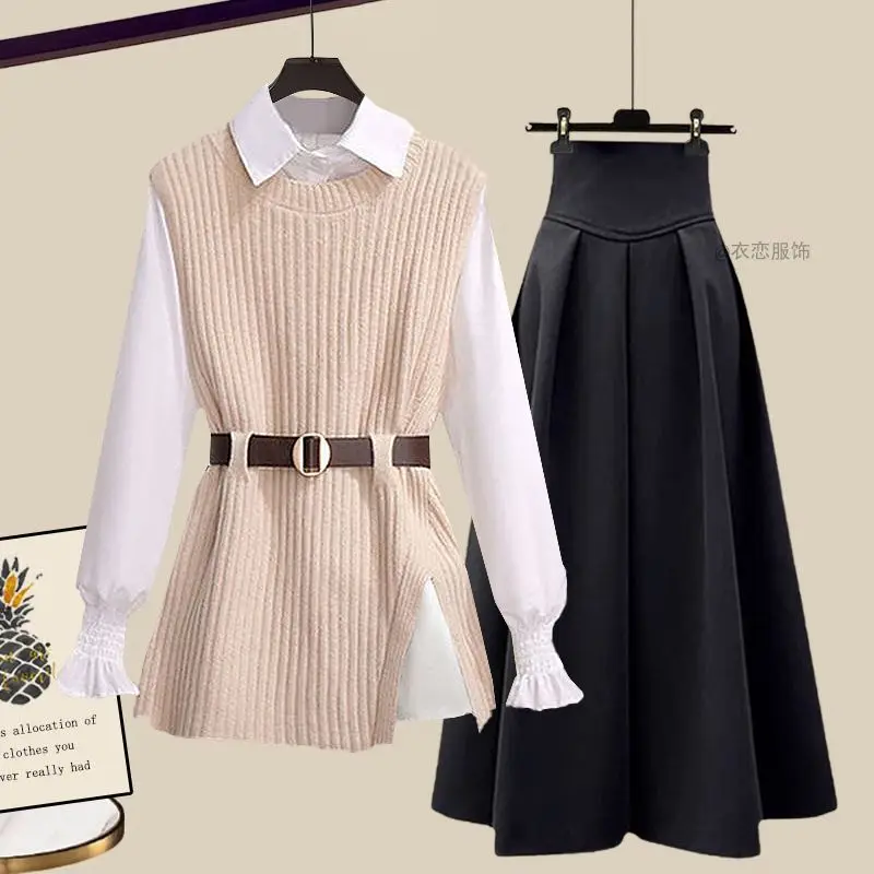 Women\'s Spring Autumn New Fashion Knitted Vest+White Shirt+High Waist Midi Skirt Three Piece Korean Elegant Dress Matching Set