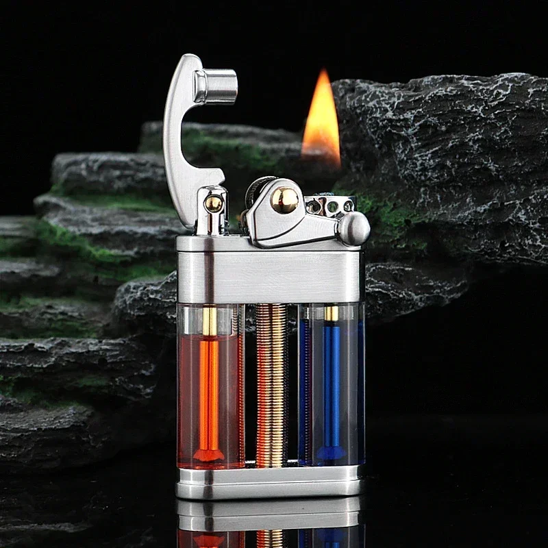 Original Transparent Oil Tank Windproof Lighter Gasoline Cigarette Grinding Wheel Kerosene Metal Retro Lighter Accesorios Para