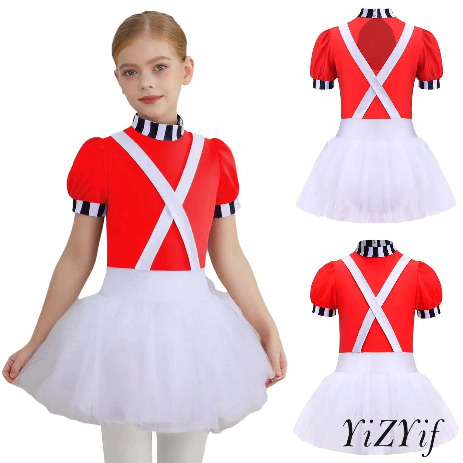 

Girls Chocolate Factory Worker Role Play Costume Mock Neck Stripe Cuffs Puffy Dress Ballet Dance Dresses for Halloween Cosplay