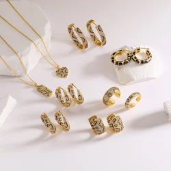 Hecheng, Leoparden muster Creolen Ringe Halskette Mode schwarz weiß Zirkonia Frauen geometrischen Schmuck Set