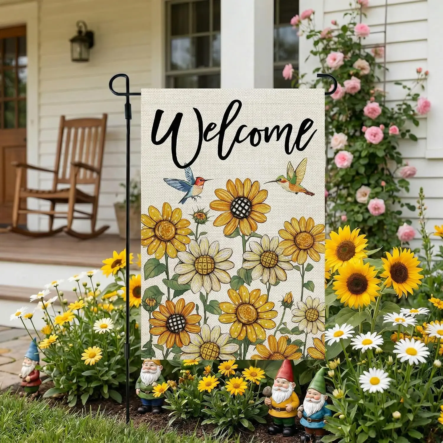 Summer Garden Flag Floral Hummingbird 12x18 Inch Double Sided Small Yellow Seasonal Holiday Decoration for Outside Yard llp