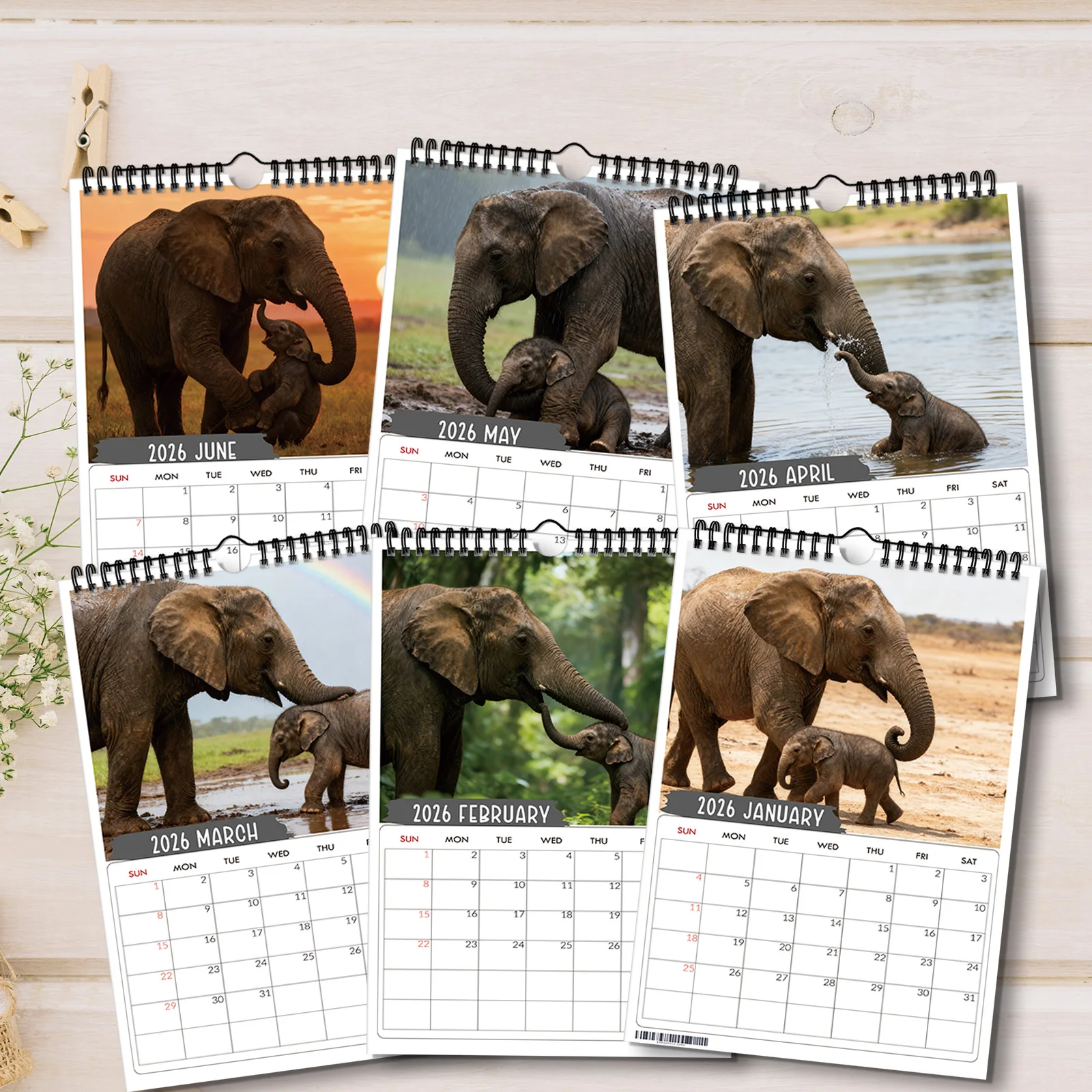 1 قطعة تقويم جميل دافئ يعرض الفيل اللطيف ، مناسب لديكور المنزل ، مثالي لمحبي الحياة البرية ، هدية لطيفة للعام الجديد