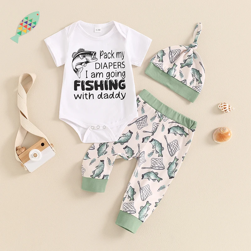 2024-04-10 Lioraitiin Baby Boy Summer Outfit Letter Print Short Sleeve Romper with Fish Pattern Pants and Hat