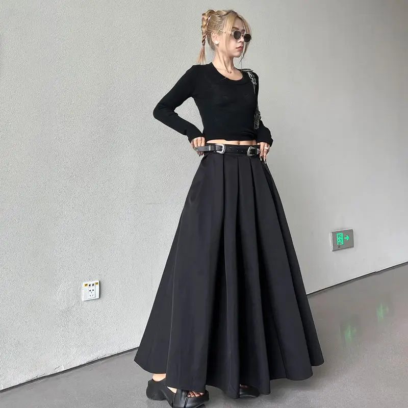 TFETTERS Brand Black Pleated Skirt Women 2024 Spring and Autumn Maxi Skirt New High Waist Long Skirt for Women Clothing