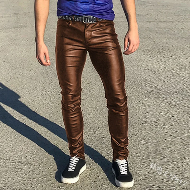 

Casual Men Black Plus Size Summer Waterproof Loose Stretch PU Faux Leather Pants Men Straight Fashion Thin Leather Trousers