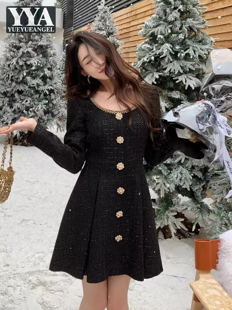 

French Style Women O Neck Low Cut Tweed Dress Long Sleeve Single Breasted Mini Dress Vintage Lady Slim Fit Spring Party Dresses