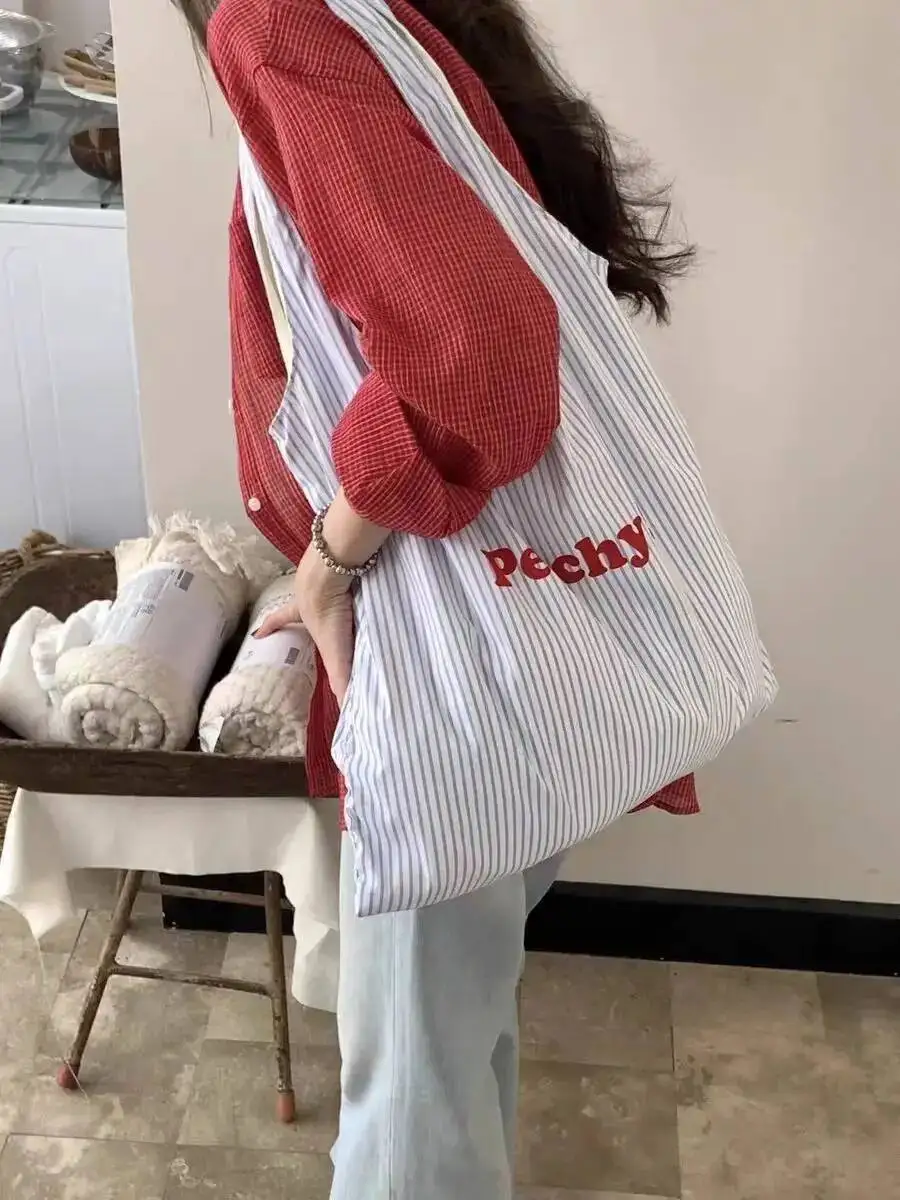 Bloom Stripe Blue Large Capacity Canvas For Women 2025 New Summer Tote Bag Female Korean Style Y2k Handbag Bolsos De Mujer