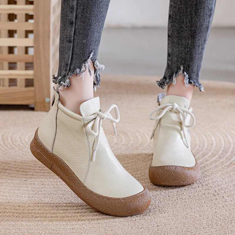 

2025 Winter genuine leather boots women's high top laced up flats woman warm short plush boot ladies orthopedic shoe ankle boots