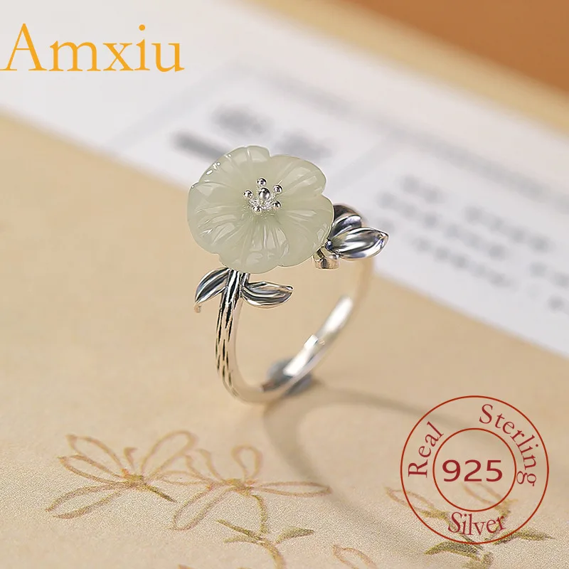 

Amxiu, стерлинговое серебро 925, ручная работа, натуральный нефрит Хэтянь, винтажное регулируемое кольцо с цветком сливы и листьями