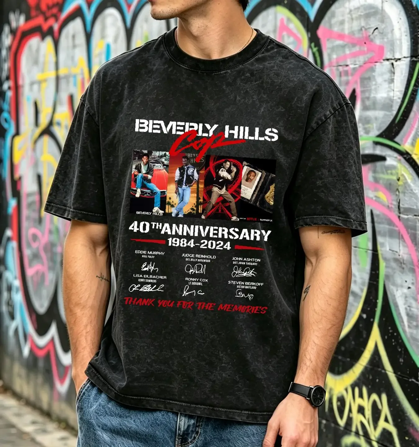 washed T Shirt Beverly Hills Cop 40Th Anniversary 1984 2024 Signatures vintage Washed streetwear Comfortable designer clothes