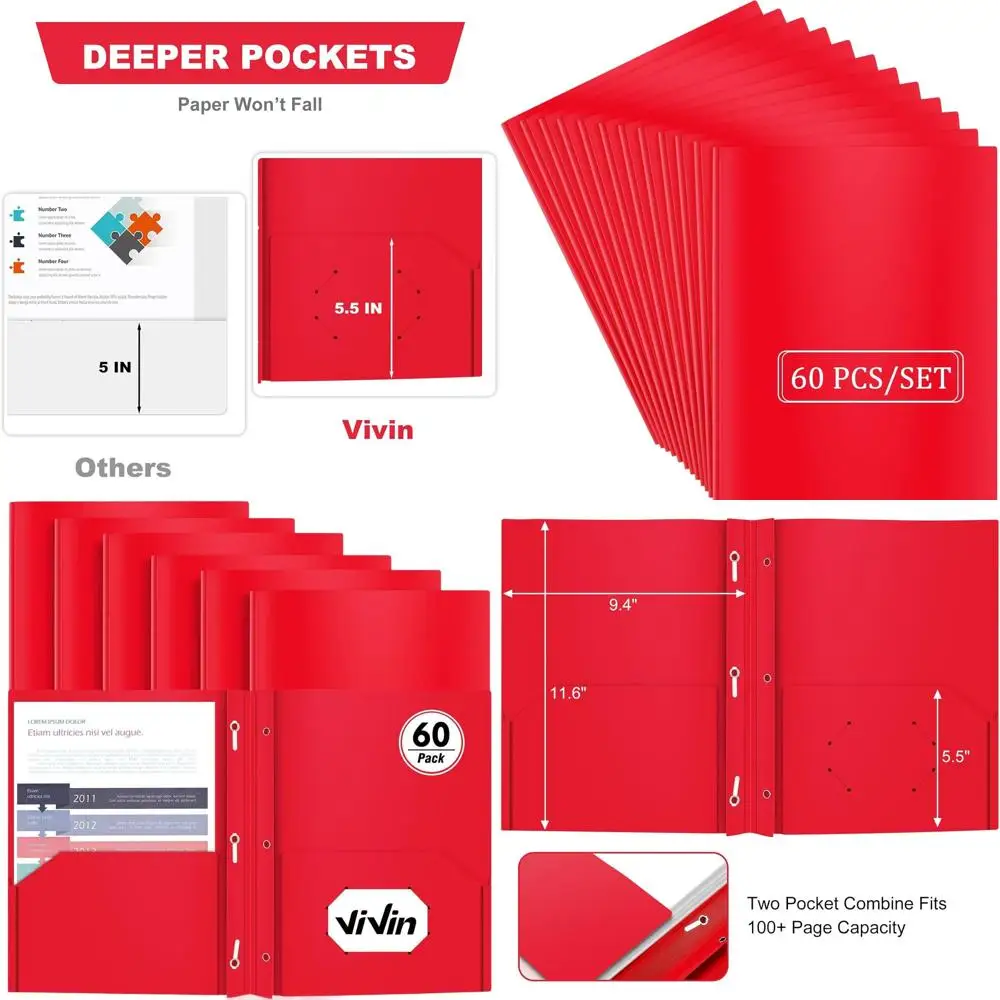 

Red Heavy-Duty Letter-Size Plastic Pocket Folders with 3-Prong Fasteners, 60 Pack