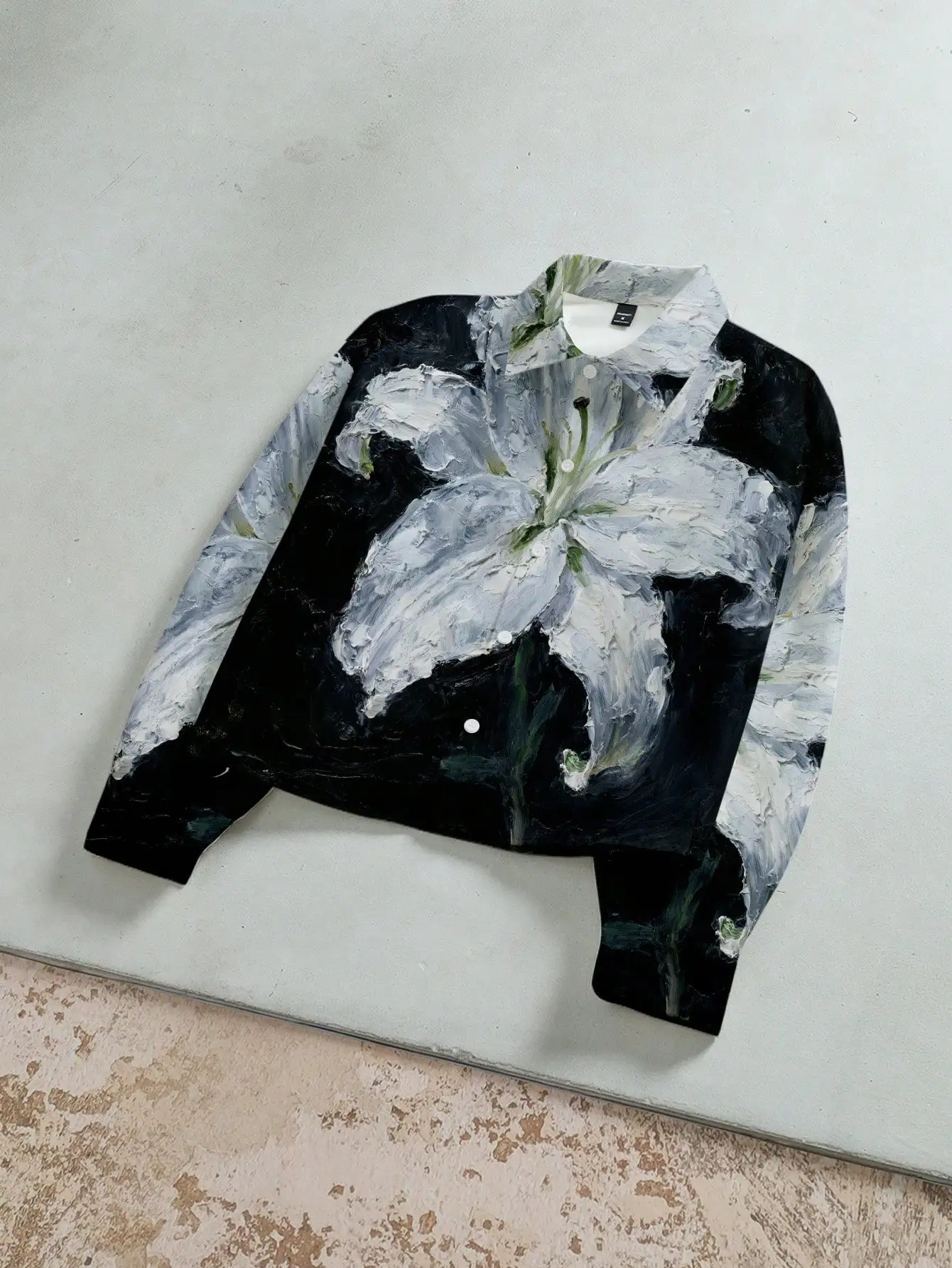 

Men's Cropped Long Sleeve Shirt with 3D Floral Oil Painting Print