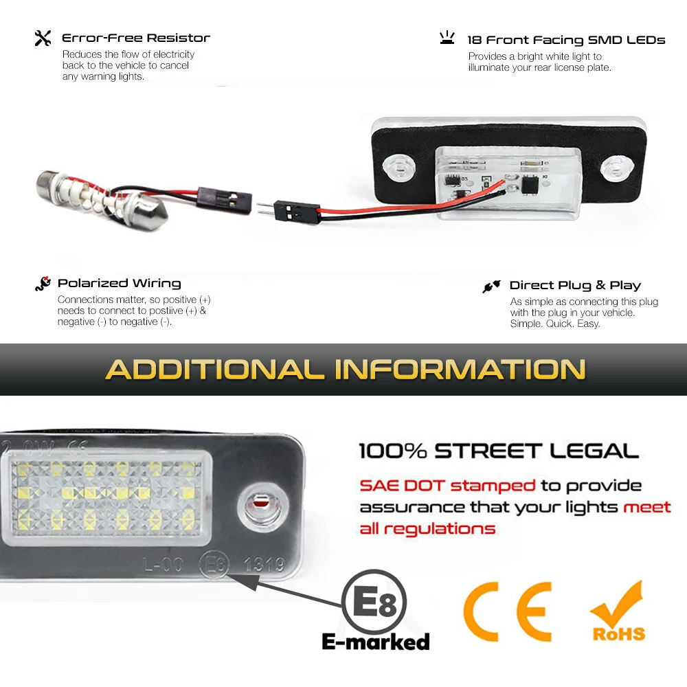 2Pcs For Audi A8 D3 S8 Quattro 4E 2002-2010 Car Rear White LED License Plate Light Number Lamps OEM # 4E0943021,4E0943022