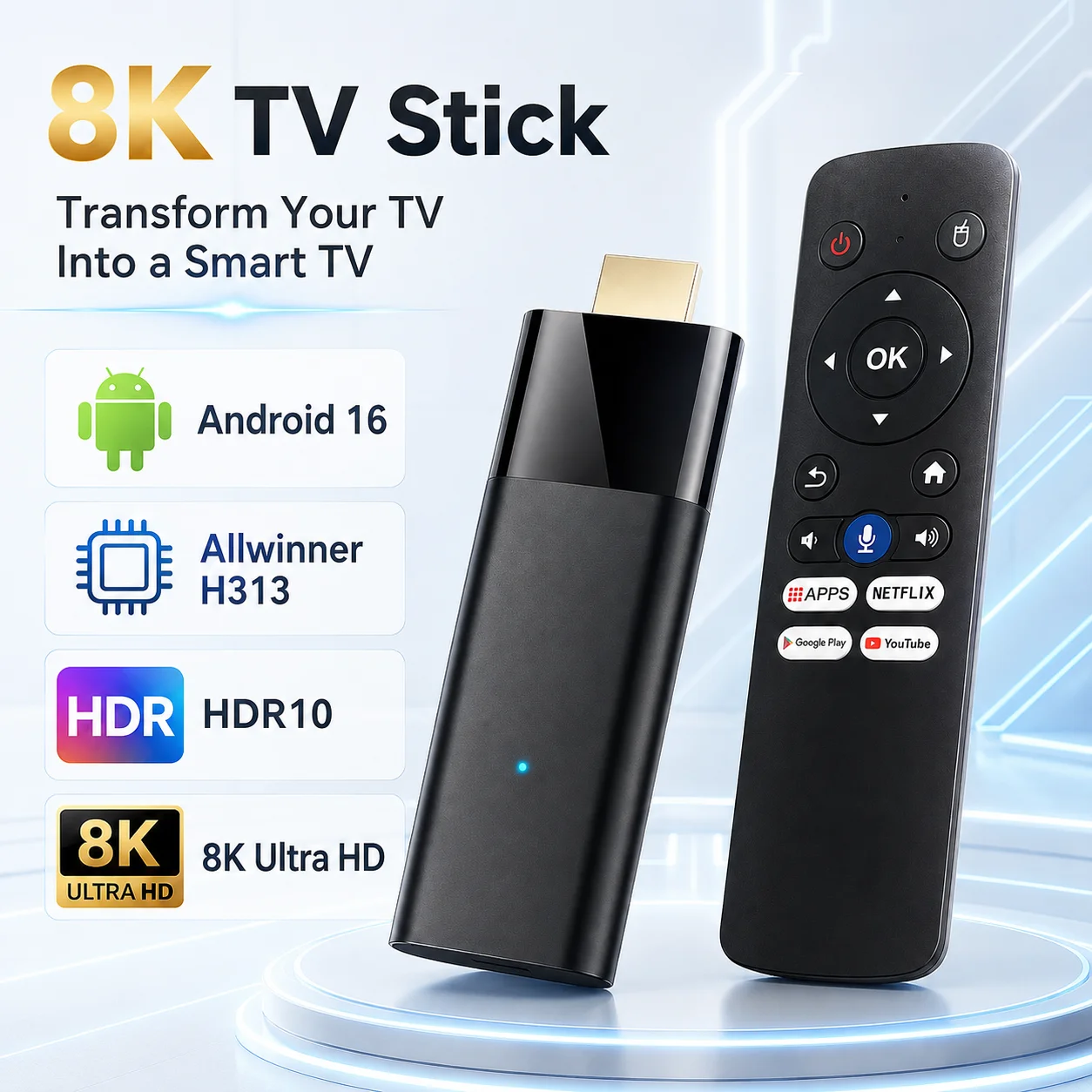 

Android 16 TV Stick H313 8K 60fps Smart TV Dongle 2.4G&5G Dual WiFi Bluetooth 5.4 HDR10 Tv Box HDMI Media Player Set Top Box