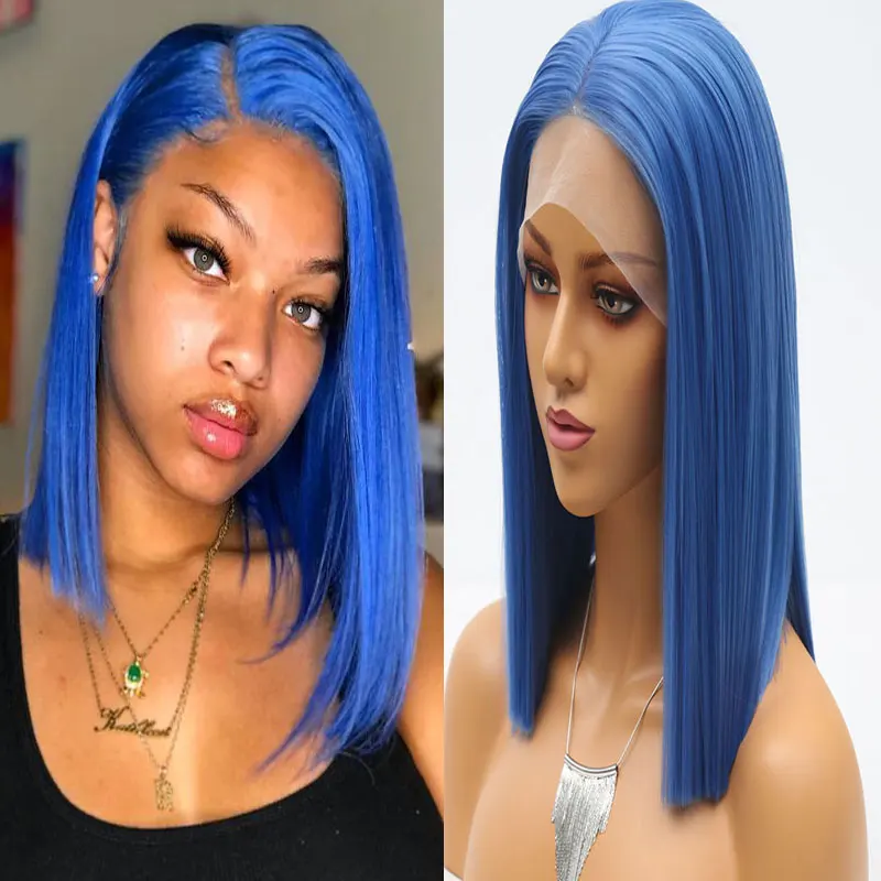 

Sky Blue Color Short Straight Bob Wig Synthetic 13x4 Lace Front Wigs High Quality Heat Resistant Fiber Hair For Fashion Women