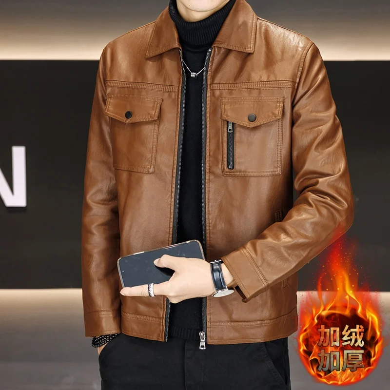 

Winter Retro Fleece Warm PU Leather Jackets Men Motorcycle Bike Jacket Lapel Casual Business Social Leather Jacket Men Clothing