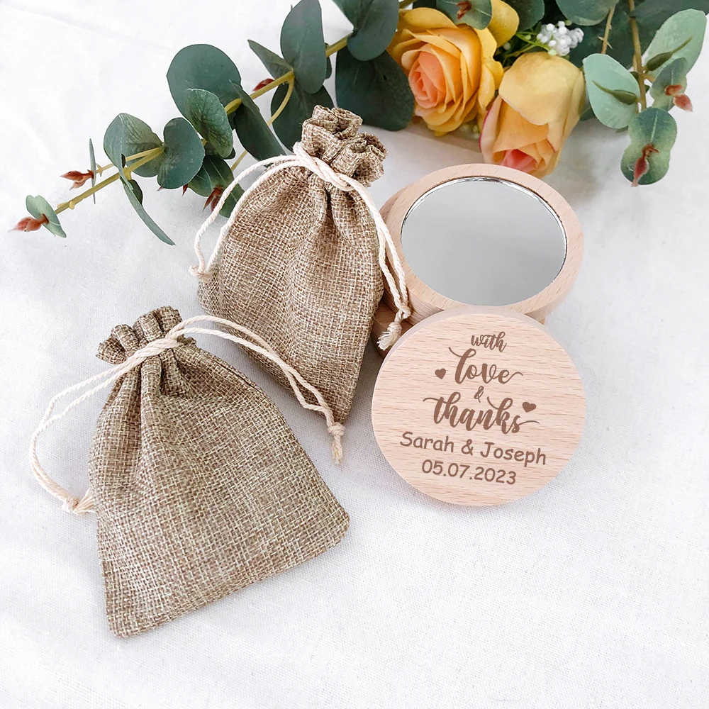 

Wedding Favors for Guests Personalized Pockect Makeup Mirrors Wedding Gift Souvenirs Custom Wooden Pocket Mirror with Burlap Bag