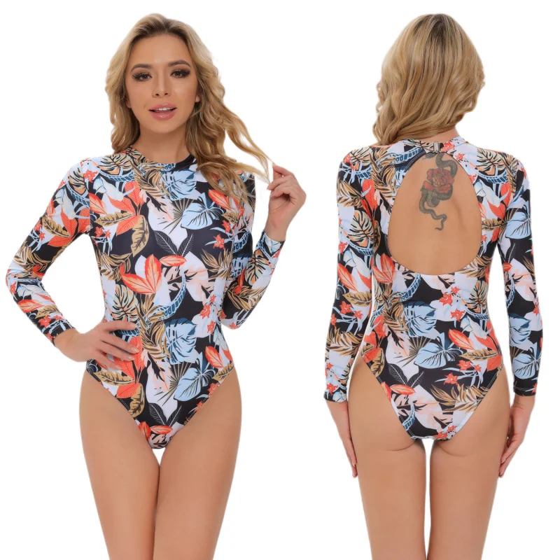 

One-Piece Backless Swimsuit Women's Sports Long-Sleeved Swimsuit Printed Sunscreen Surfing Suit Dive Skin Snorkeling Suit