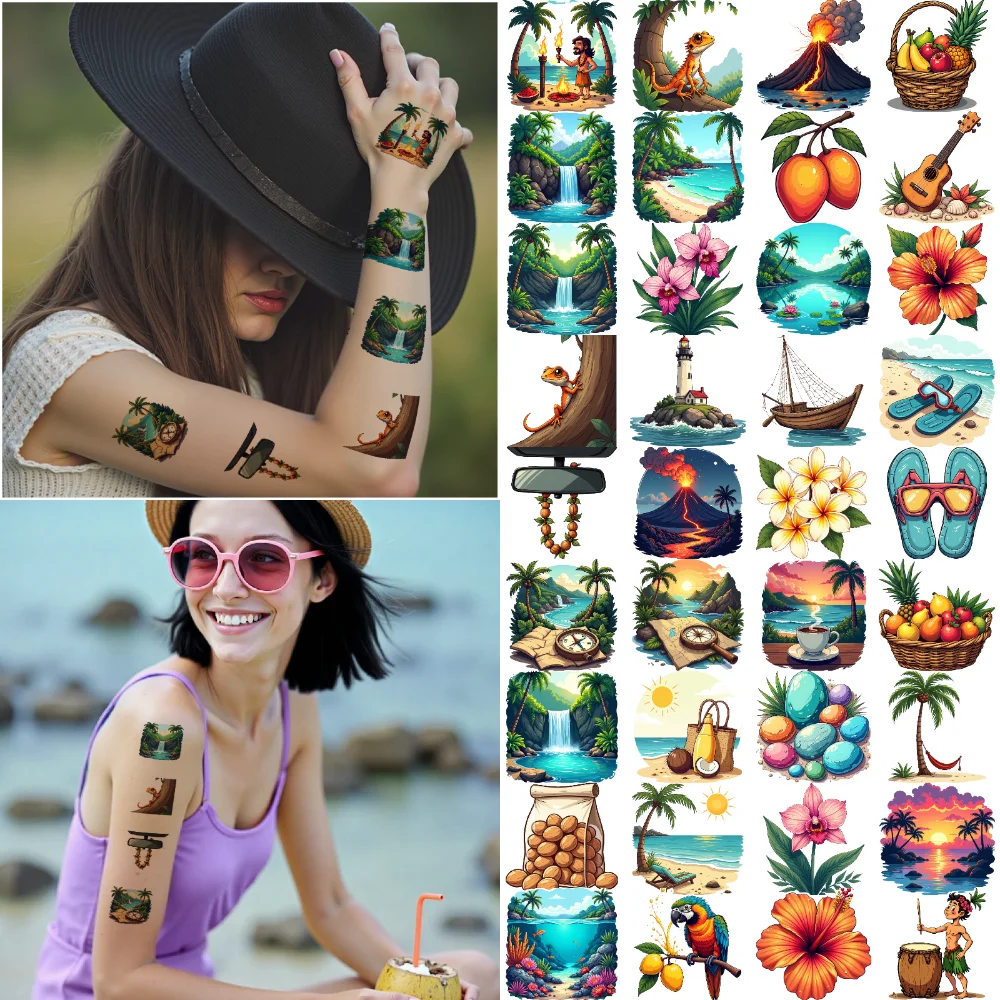 

54 шт., временные татуировки, сцена заката, мультяшные расслабляющие темы, яркие цветы, водонепроницаемые, долговечные наклейки на тело для мальчиков