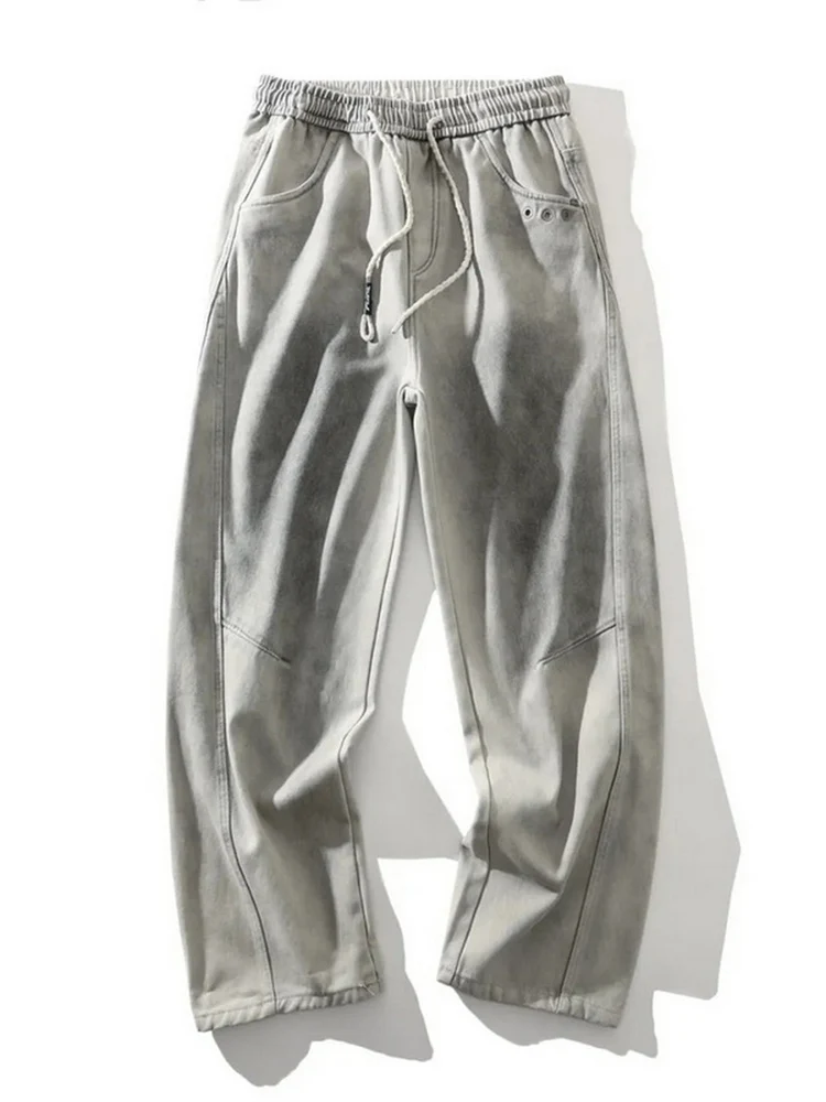 

New American Sle Waed Tie Dye Fce Lined Thiened Pure Cotton Casual Loose Straight Leg Jeans Men Winter Casual Pants