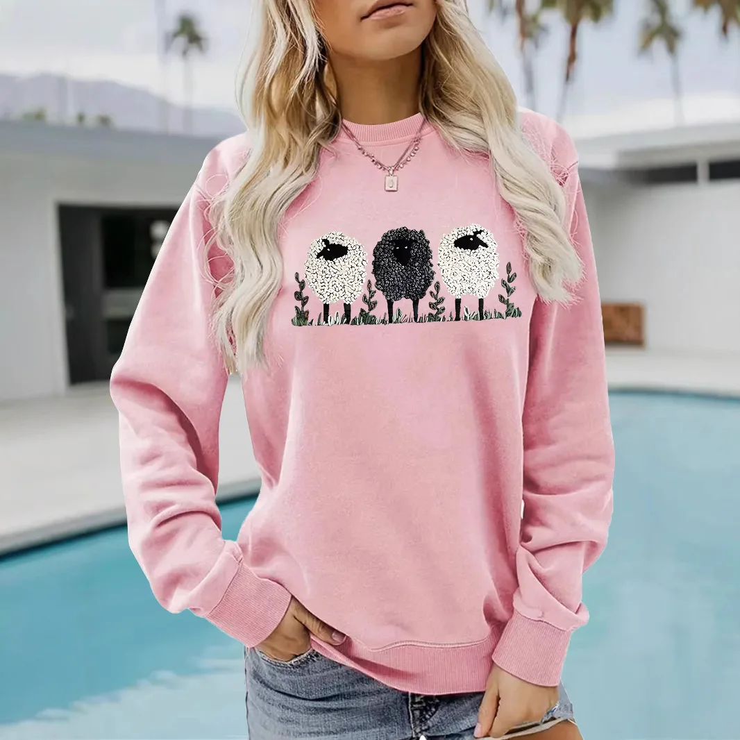 Damska bluza z długim rękawem, okrągłym dekoltem i nadrukiem owiec, ciepła bluza z kapturem, zimowa moda.