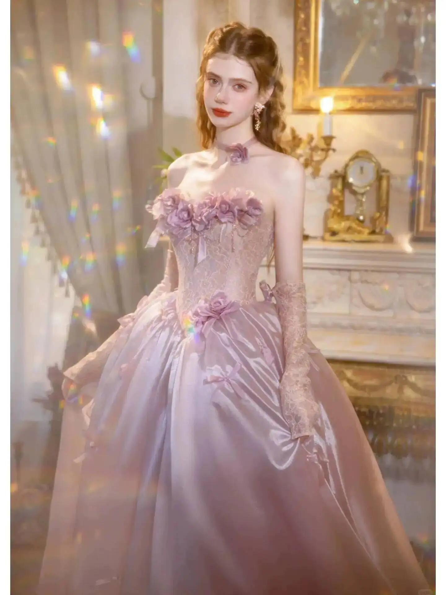 Vintage Dusty Pink Princess Ballgown Strapless 3D Flower Lace Corset Satin Long Formal Dress Wedding Photoshoot Gown
