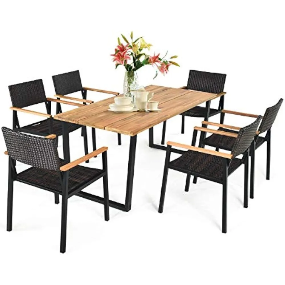 7 Pieces Patio Dining Set, Patented Patio Furniture Sets W/Large Rectangle Acacia Wood Table Top, Outdoor Furniture Dining Set